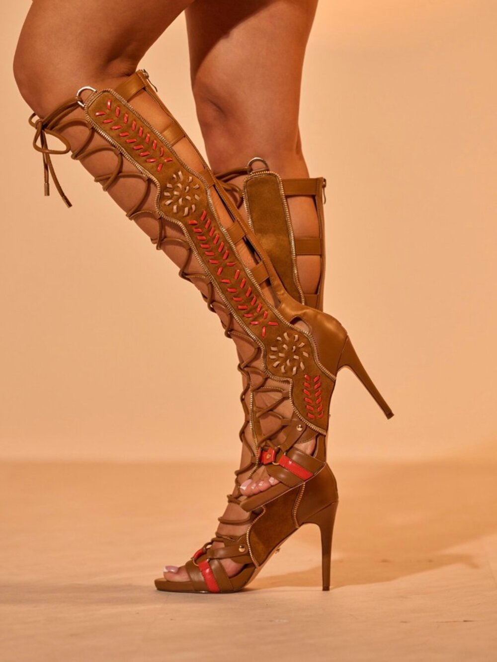 AKIRA Tan Lace-Up Knee-High Gladiator Sandals with Coral Accents - Picture 7 of 7